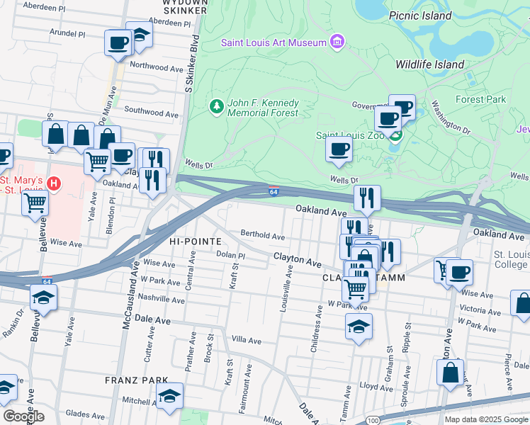 map of restaurants, bars, coffee shops, grocery stores, and more near 6634 Oakland Avenue in St. Louis