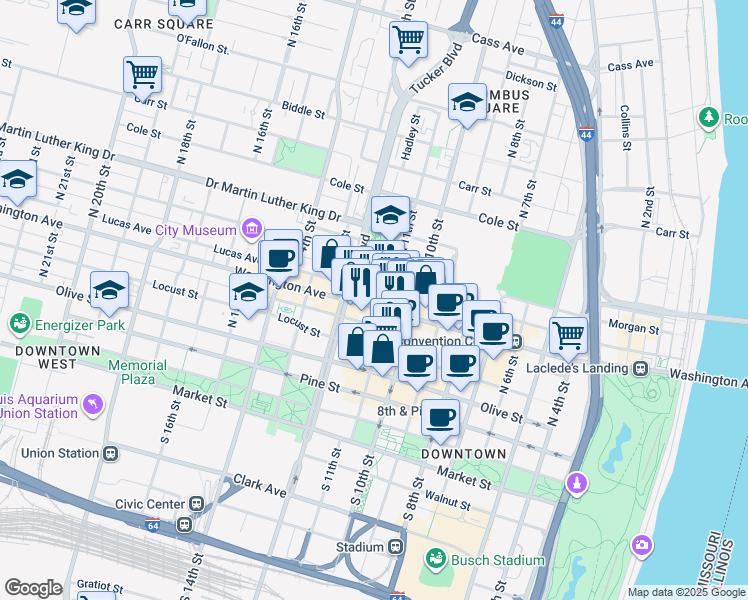 map of restaurants, bars, coffee shops, grocery stores, and more near 1114 Lucas Avenue in St. Louis