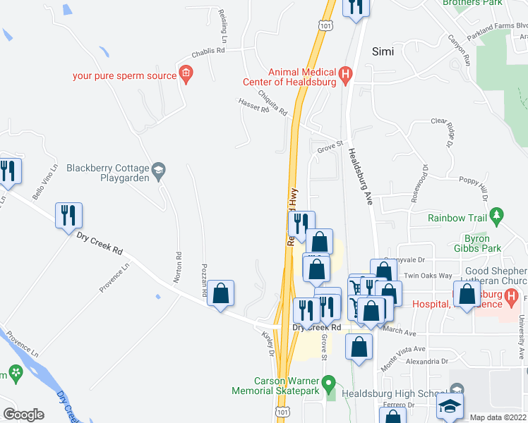 map of restaurants, bars, coffee shops, grocery stores, and more near 355 Dry Creek Road in Healdsburg