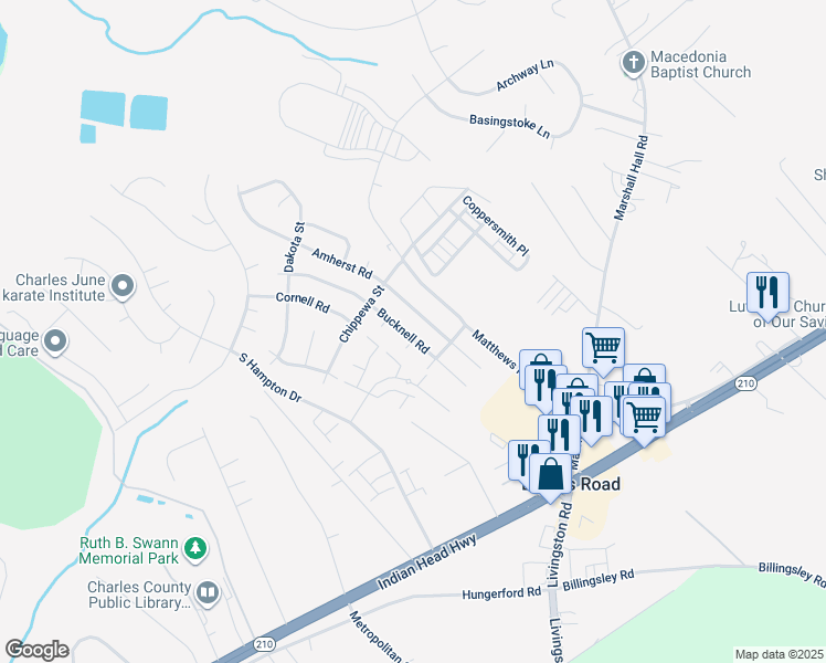 map of restaurants, bars, coffee shops, grocery stores, and more near 6771 Amherst Road in Bryans Road