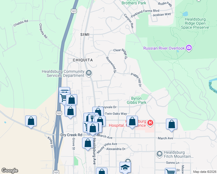 map of restaurants, bars, coffee shops, grocery stores, and more near Lorraine Ct & Rosewood Dr in Healdsburg