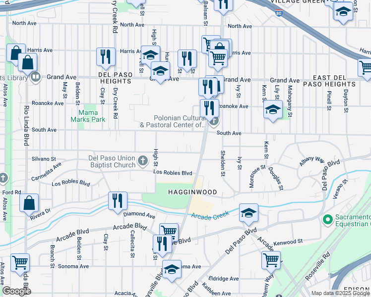 map of restaurants, bars, coffee shops, grocery stores, and more near 1522 South Avenue in Sacramento