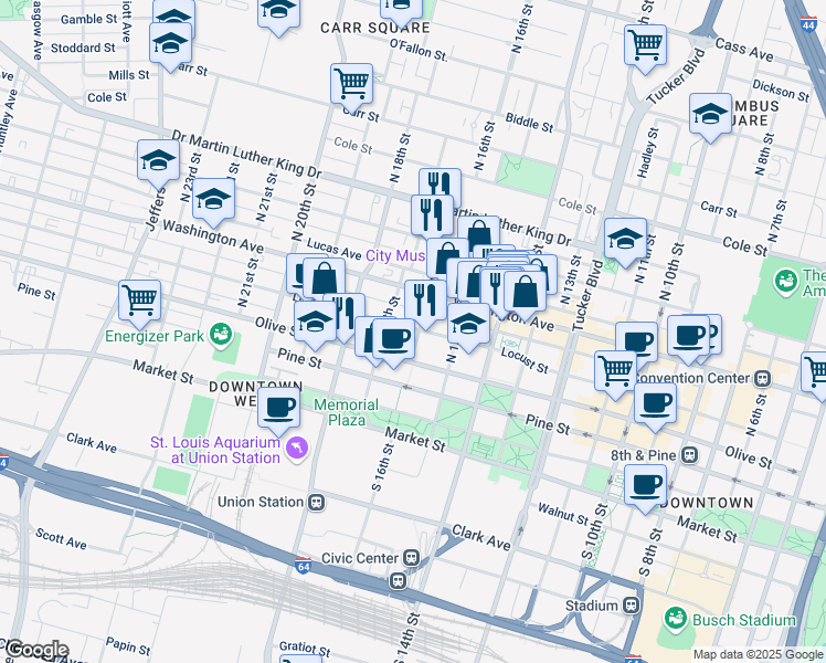 map of restaurants, bars, coffee shops, grocery stores, and more near 1600 Locust Street in St. Louis