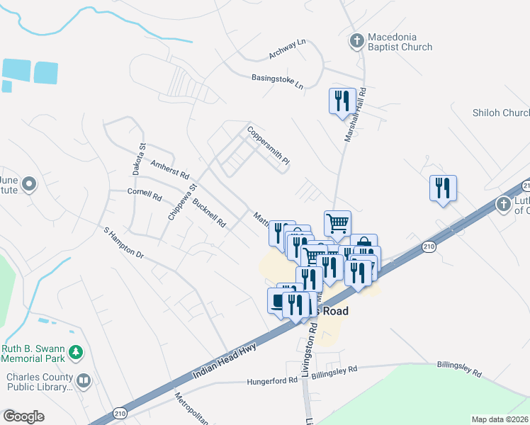 map of restaurants, bars, coffee shops, grocery stores, and more near 6830 Matthews Road in Bryans Road