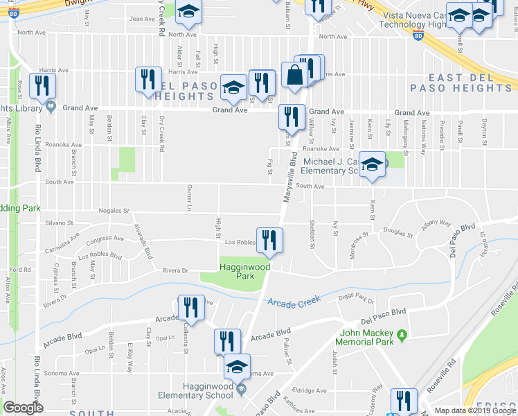 map of restaurants, bars, coffee shops, grocery stores, and more near 1522 South Avenue in Sacramento