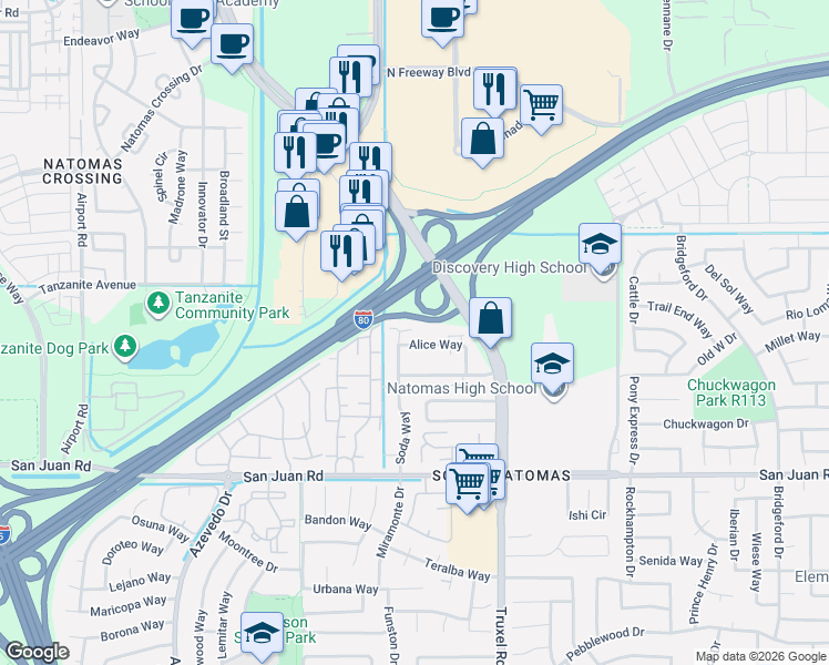 map of restaurants, bars, coffee shops, grocery stores, and more near 76 Seraspi Court in Sacramento