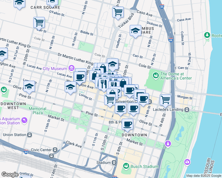 map of restaurants, bars, coffee shops, grocery stores, and more near 1104 Convention Plaza in St. Louis