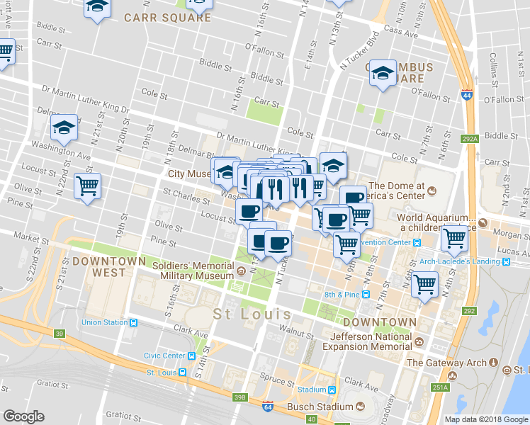 map of restaurants, bars, coffee shops, grocery stores, and more near 1228 Lucas Avenue in St. Louis