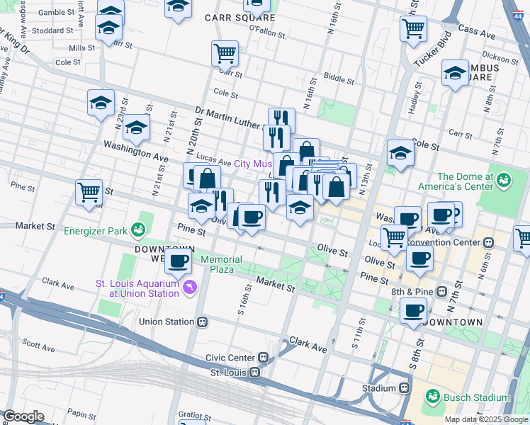 map of restaurants, bars, coffee shops, grocery stores, and more near in St. Louis