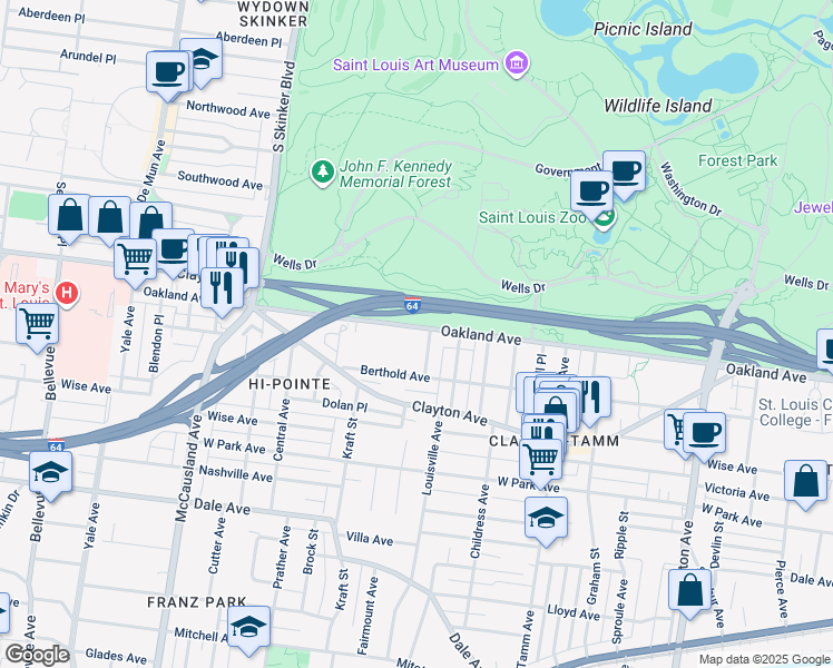 map of restaurants, bars, coffee shops, grocery stores, and more near 6610 Oakland Avenue in St. Louis
