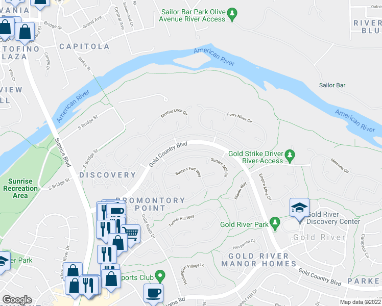 map of restaurants, bars, coffee shops, grocery stores, and more near 11376 Gold Country Boulevard in Gold River