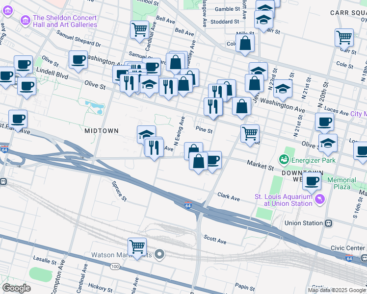 map of restaurants, bars, coffee shops, grocery stores, and more near 2801 Market Street in St. Louis