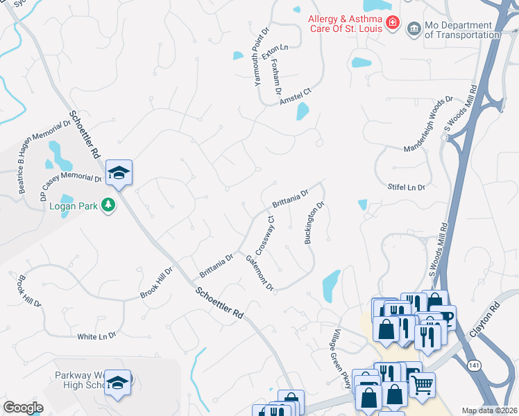 map of restaurants, bars, coffee shops, grocery stores, and more near 1802 Mannington Court in Chesterfield