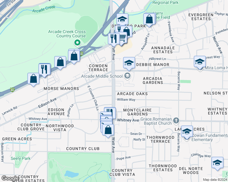 map of restaurants, bars, coffee shops, grocery stores, and more near West Way in Sacramento