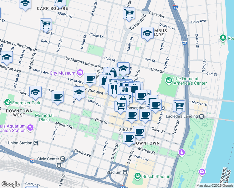 map of restaurants, bars, coffee shops, grocery stores, and more near 1104 Convention Plaza in St. Louis