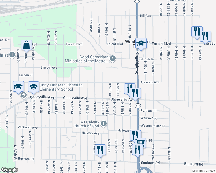 map of restaurants, bars, coffee shops, grocery stores, and more near 1701 North 50th Street in East St. Louis