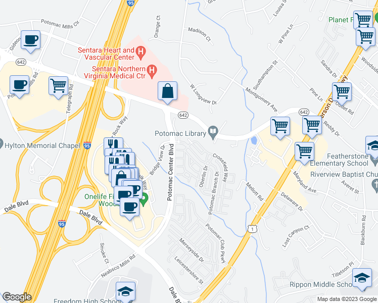 map of restaurants, bars, coffee shops, grocery stores, and more near 14728 Potomac Branch Drive in Woodbridge