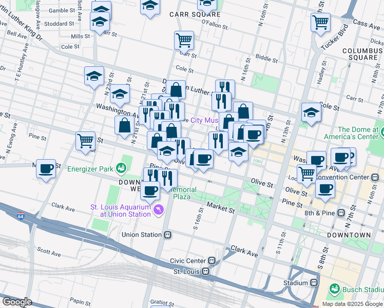 map of restaurants, bars, coffee shops, grocery stores, and more near 1801 Locust Street in St. Louis