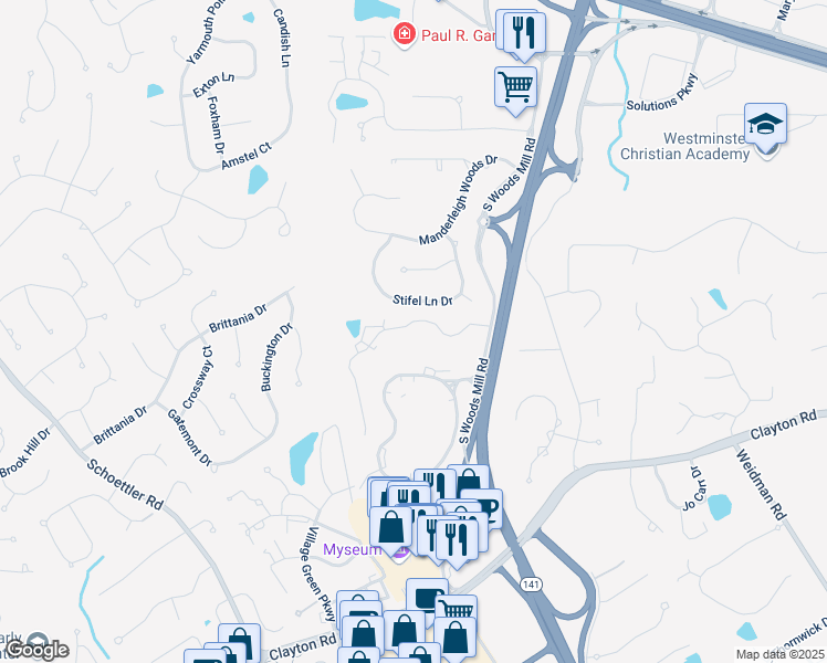map of restaurants, bars, coffee shops, grocery stores, and more near 14202 Willow Bend Park in Chesterfield