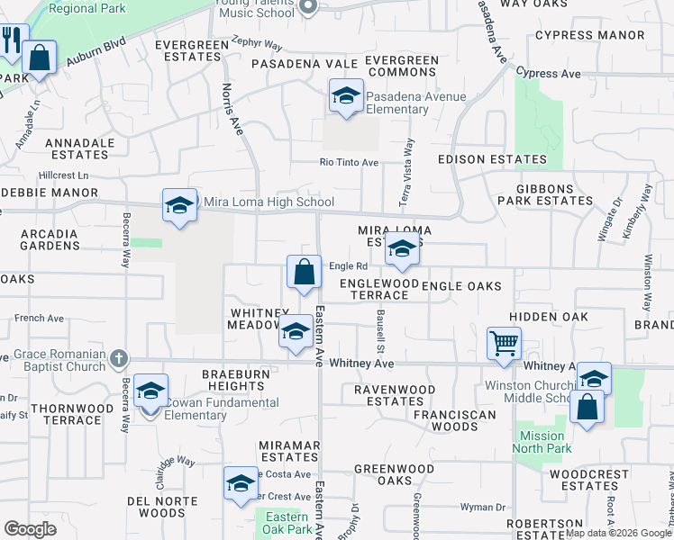map of restaurants, bars, coffee shops, grocery stores, and more near 3712 Laura Court in Sacramento