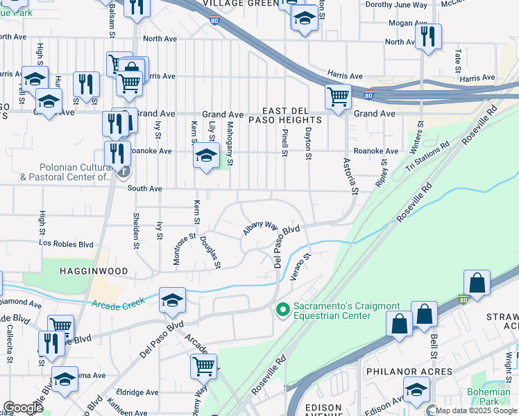 map of restaurants, bars, coffee shops, grocery stores, and more near 1921 Verano Street in Sacramento