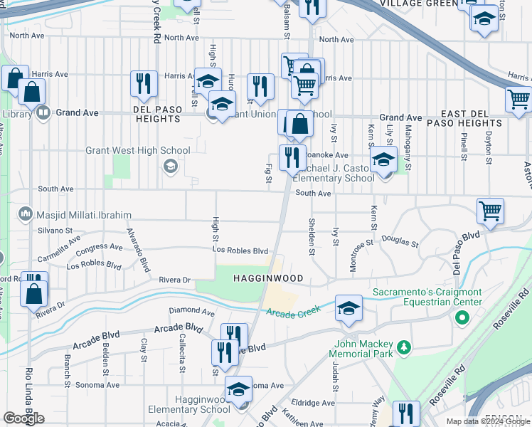 map of restaurants, bars, coffee shops, grocery stores, and more near 1522 South Avenue in Sacramento