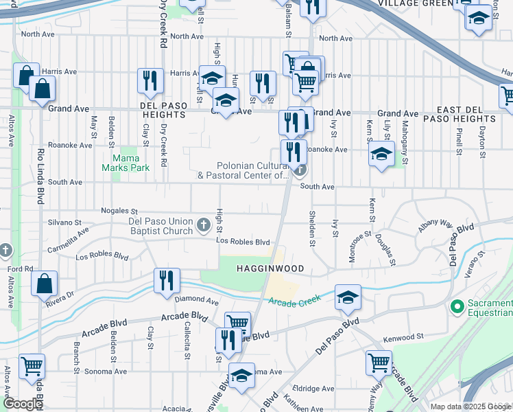 map of restaurants, bars, coffee shops, grocery stores, and more near 1522 South Avenue in Sacramento