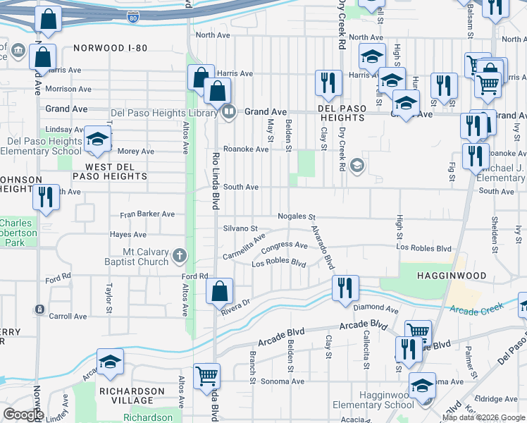 map of restaurants, bars, coffee shops, grocery stores, and more near 3529 May Street in Sacramento