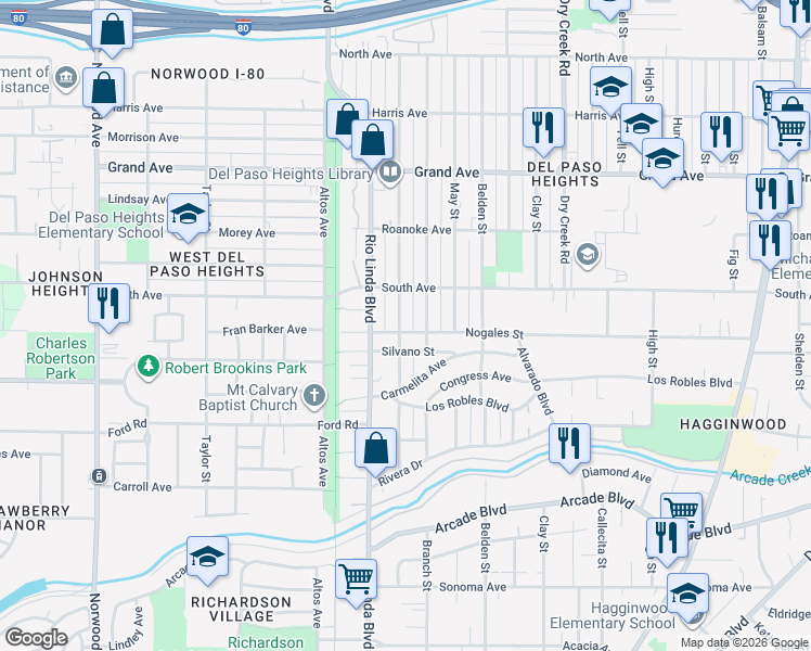 map of restaurants, bars, coffee shops, grocery stores, and more near 3528 Cypress Street in Sacramento