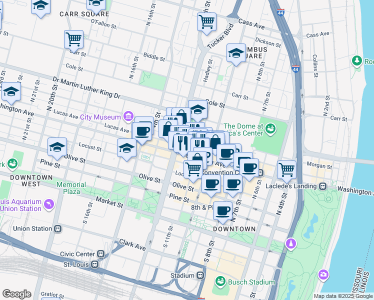 map of restaurants, bars, coffee shops, grocery stores, and more near 1104 Convention Plaza in St. Louis