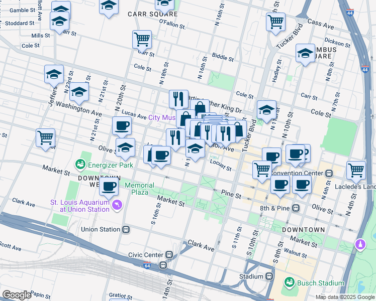 map of restaurants, bars, coffee shops, grocery stores, and more near 1430 Washington Avenue in St. Louis