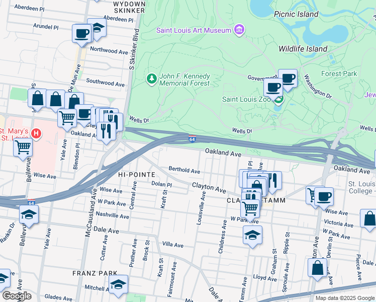 map of restaurants, bars, coffee shops, grocery stores, and more near 6610 Oakland Avenue in St. Louis