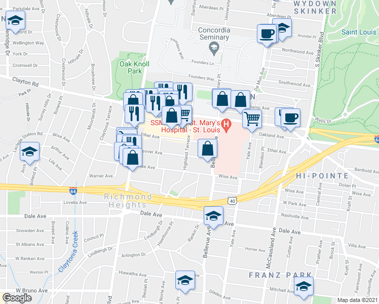 map of restaurants, bars, coffee shops, grocery stores, and more near 7412 Ethel Avenue in Richmond Heights