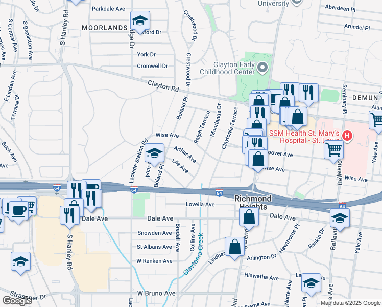 map of restaurants, bars, coffee shops, grocery stores, and more near 7731 Arthur Avenue in Richmond Heights