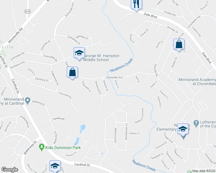 map of restaurants, bars, coffee shops, grocery stores, and more near 14808 Empire Street in Woodbridge
