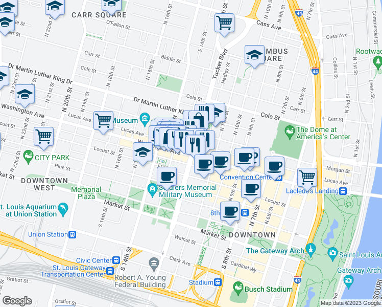 map of restaurants, bars, coffee shops, grocery stores, and more near in St. Louis