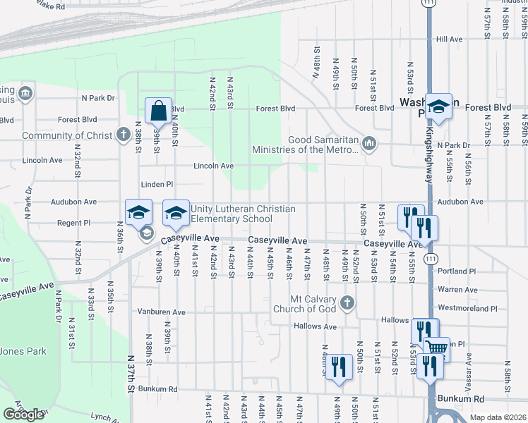 map of restaurants, bars, coffee shops, grocery stores, and more near 1701 North 45th Street in East St. Louis