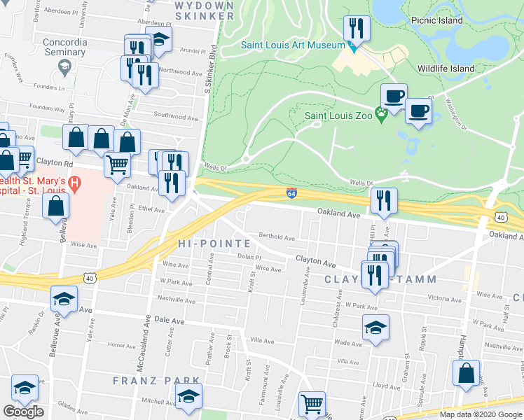 map of restaurants, bars, coffee shops, grocery stores, and more near 6668 Oakland Avenue in St. Louis