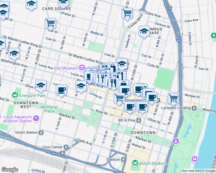 map of restaurants, bars, coffee shops, grocery stores, and more near 1209 Washington Avenue in St. Louis