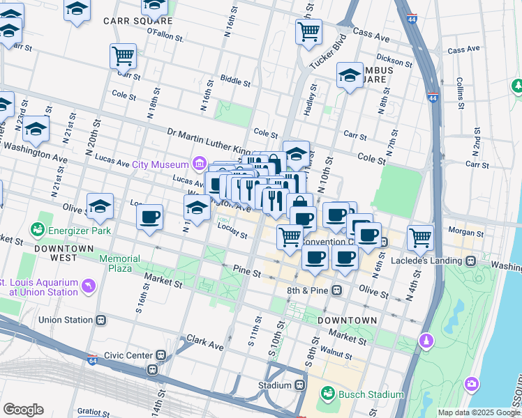 map of restaurants, bars, coffee shops, grocery stores, and more near 1219 Washington Avenue in St. Louis