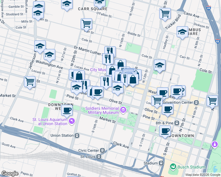 map of restaurants, bars, coffee shops, grocery stores, and more near 1520 Washington Avenue in St. Louis