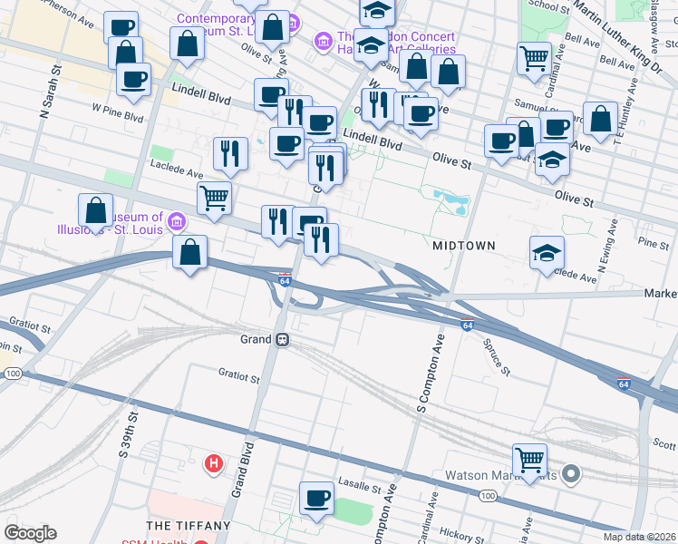 map of restaurants, bars, coffee shops, grocery stores, and more near 300R South Grand Boulevard in St. Louis