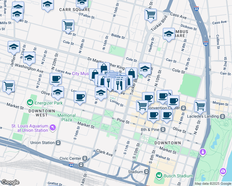 map of restaurants, bars, coffee shops, grocery stores, and more near 500-514 North 14th Street in St. Louis