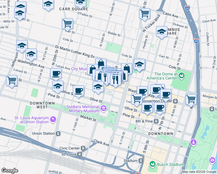 map of restaurants, bars, coffee shops, grocery stores, and more near 1324 Washington Avenue in St. Louis