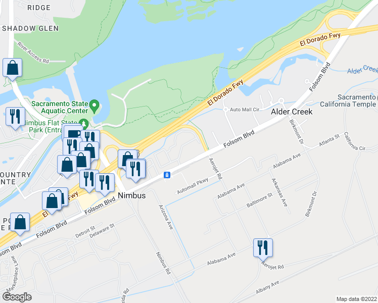 map of restaurants, bars, coffee shops, grocery stores, and more near 12519 Folsom Blvd in Rancho Cordova