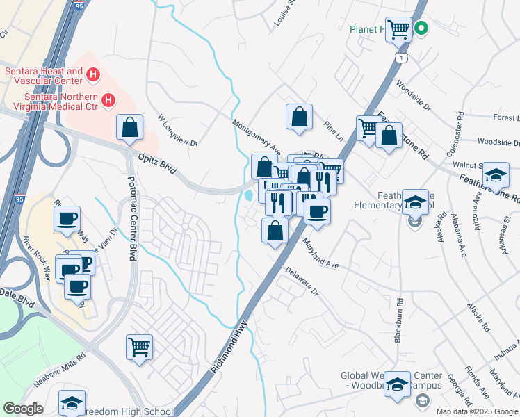 map of restaurants, bars, coffee shops, grocery stores, and more near 14691 Mason Creek Circle in Woodbridge