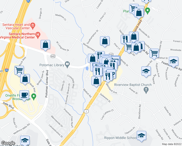 map of restaurants, bars, coffee shops, grocery stores, and more near 14693 Mason Creek Circle in Woodbridge