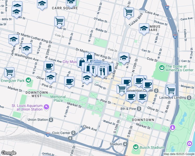 map of restaurants, bars, coffee shops, grocery stores, and more near 500-514 North 14th Street in St. Louis