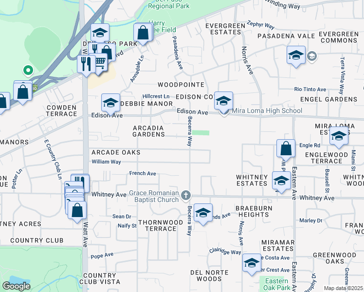 map of restaurants, bars, coffee shops, grocery stores, and more near 3848 Sunnyvale Avenue in Sacramento
