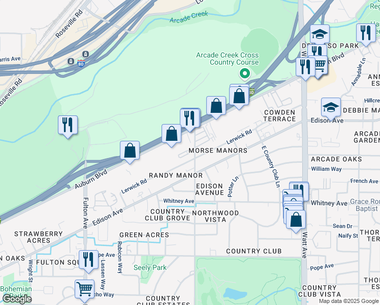 map of restaurants, bars, coffee shops, grocery stores, and more near 3713 Morse Avenue in Sacramento